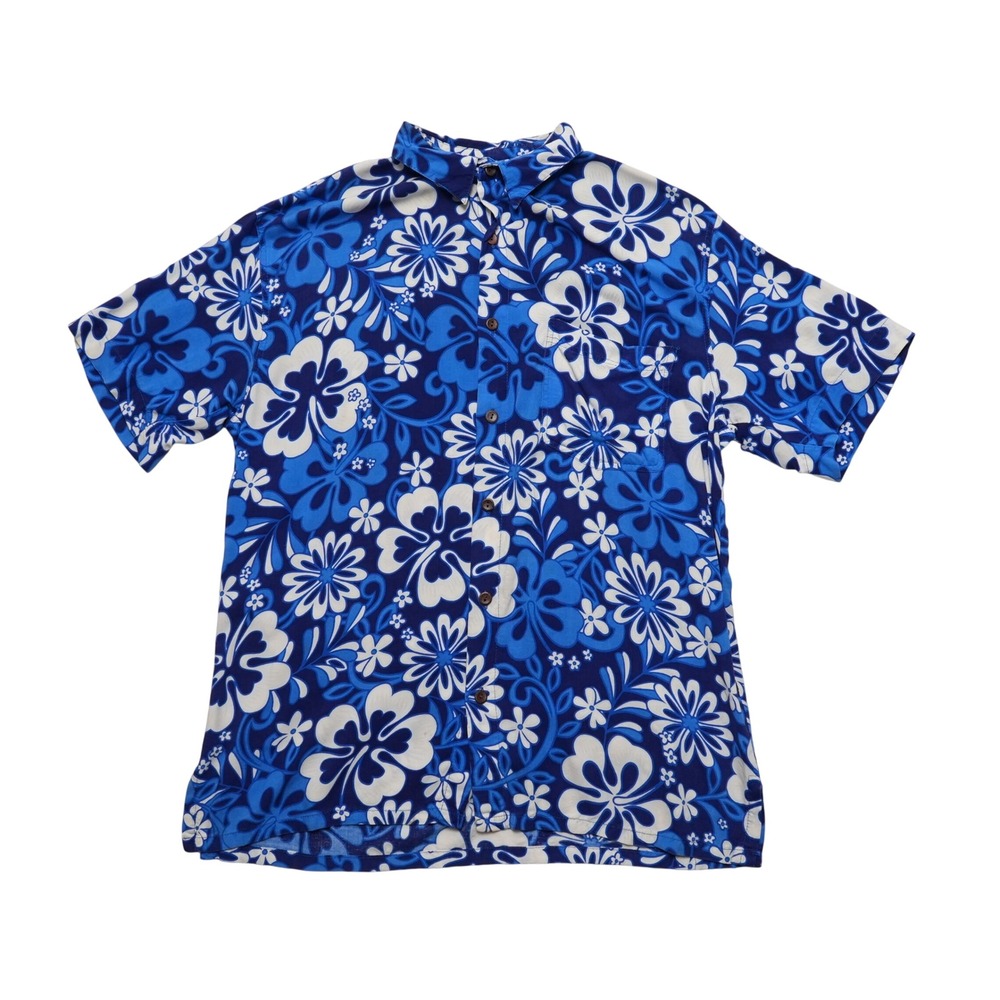 Squish Mens Medium Blue Hibiscus Floral Rayon Aloha Beach Shirt